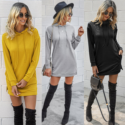 Street Style Hooded Sweater Dress with Pockets – Women's Mid-Length Hoodie Dress