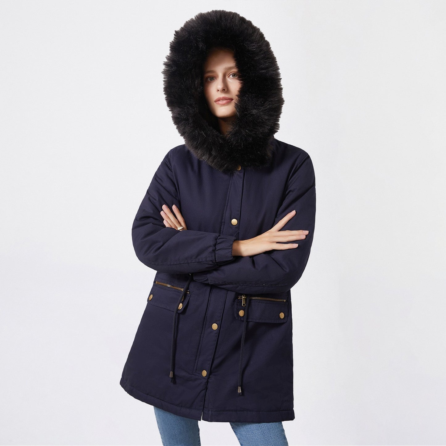 European Style Workwear Parka Cotton Coat for Women with Fur Collar