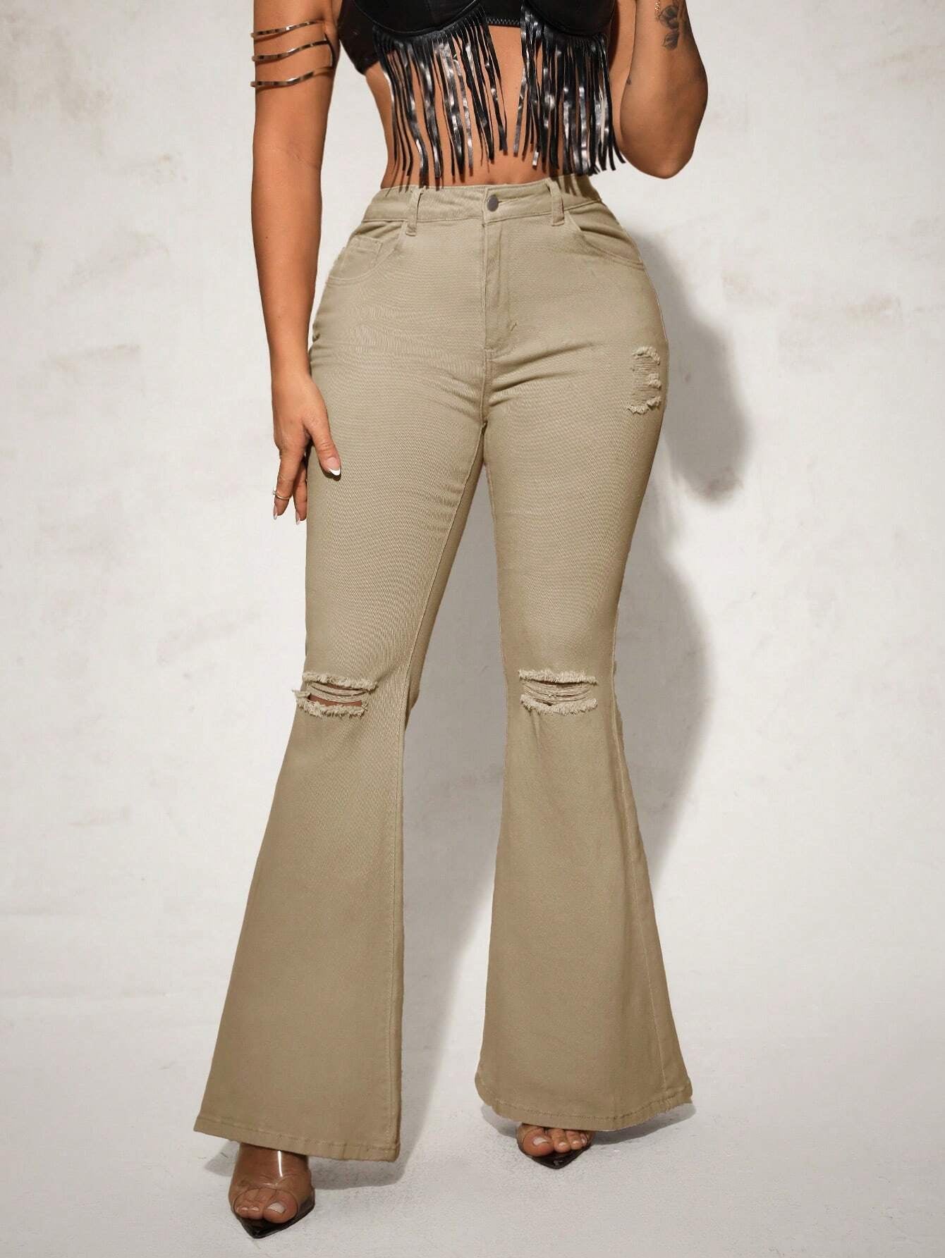 SHEIN SXY High-Waisted Ripped Flare Leg Jeans