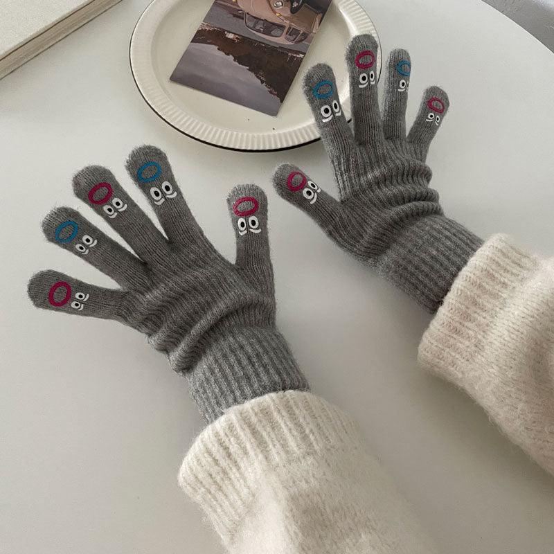 South Korea Inspired Women’s Embroidered Facial Expression Gloves - Warm Winter Design