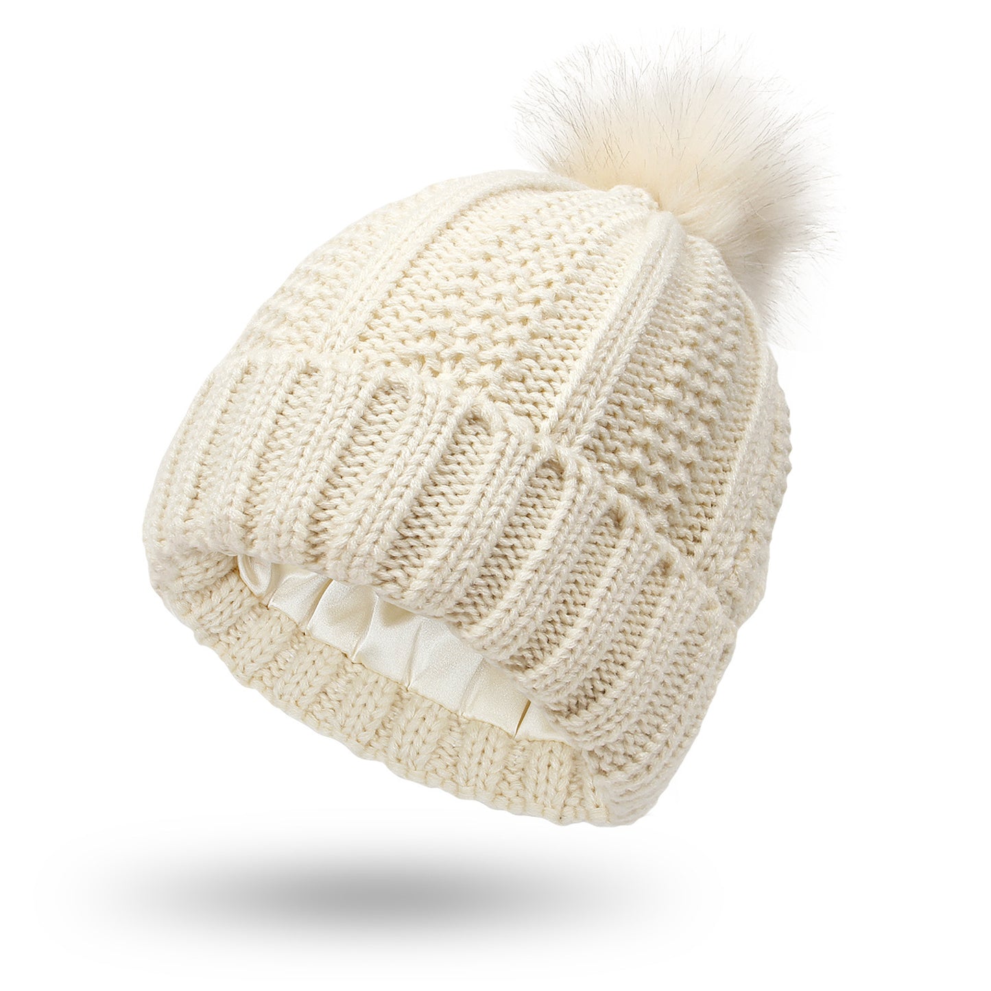 Fashion Stretchy Satin-Lined Skull Knit Beanie Hat for Women - Faux Fur Pom Pom Winter Hat - ChicVix