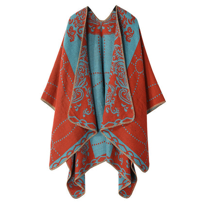 Women's Double-Sided Tassel Cloak Shawl – Classic Jacquard Graffiti Pattern, Hand-Painted Travel Cloak