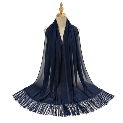 Pearl Chiffon Decorative Scarf with Long Fringe & Bubble Towel Texture – Elegant and Warm