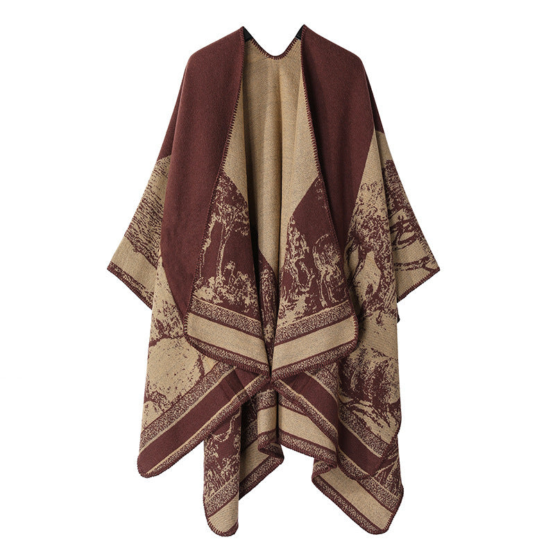 Women's Double-Sided Tassel Cloak Shawl – Classic Jacquard Graffiti Pattern, Hand-Painted Travel Cloak