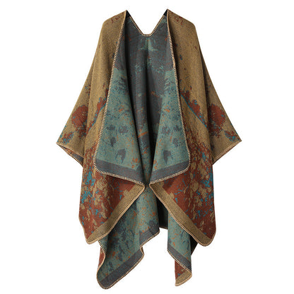 Women's Double-Sided Tassel Cloak Shawl – Classic Jacquard Graffiti Pattern, Hand-Painted Travel Cloak