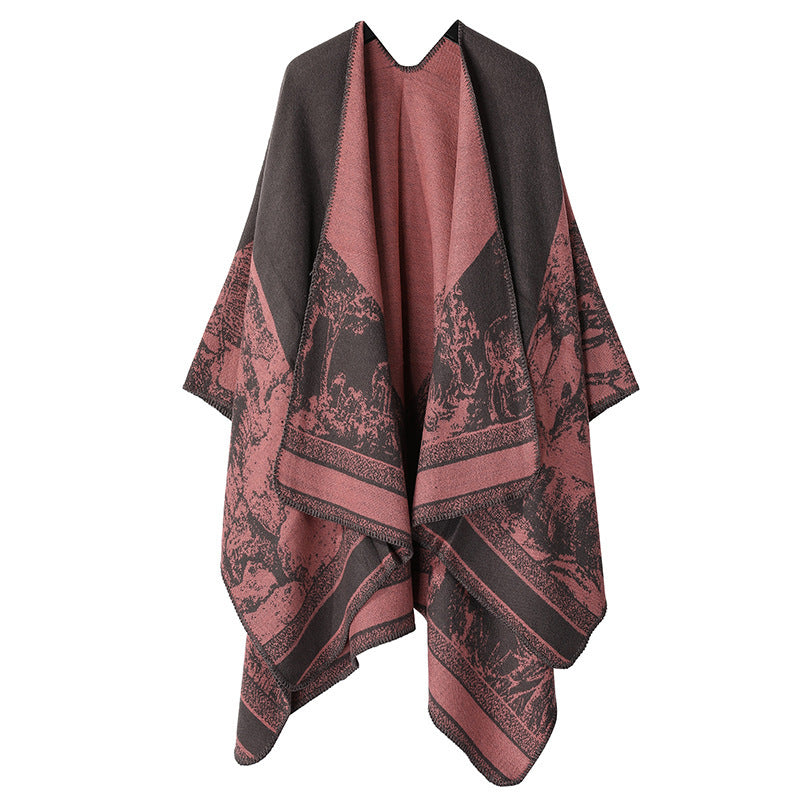 Women's Double-Sided Tassel Cloak Shawl – Classic Jacquard Graffiti Pattern, Hand-Painted Travel Cloak