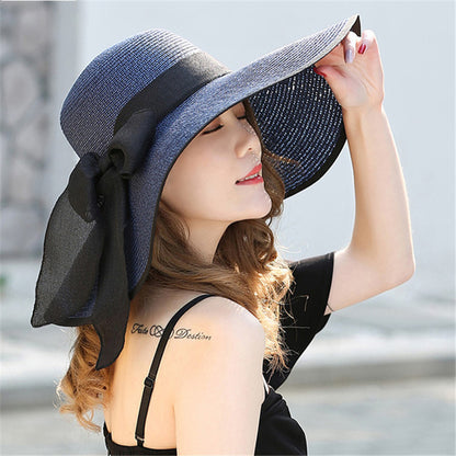 Women’s Casual Straw Sun Hat with Bow - Foldable Floppy Hat - ChicVix