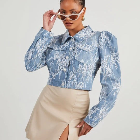 Floral Lace-Trimmed Loose Denim Jacket