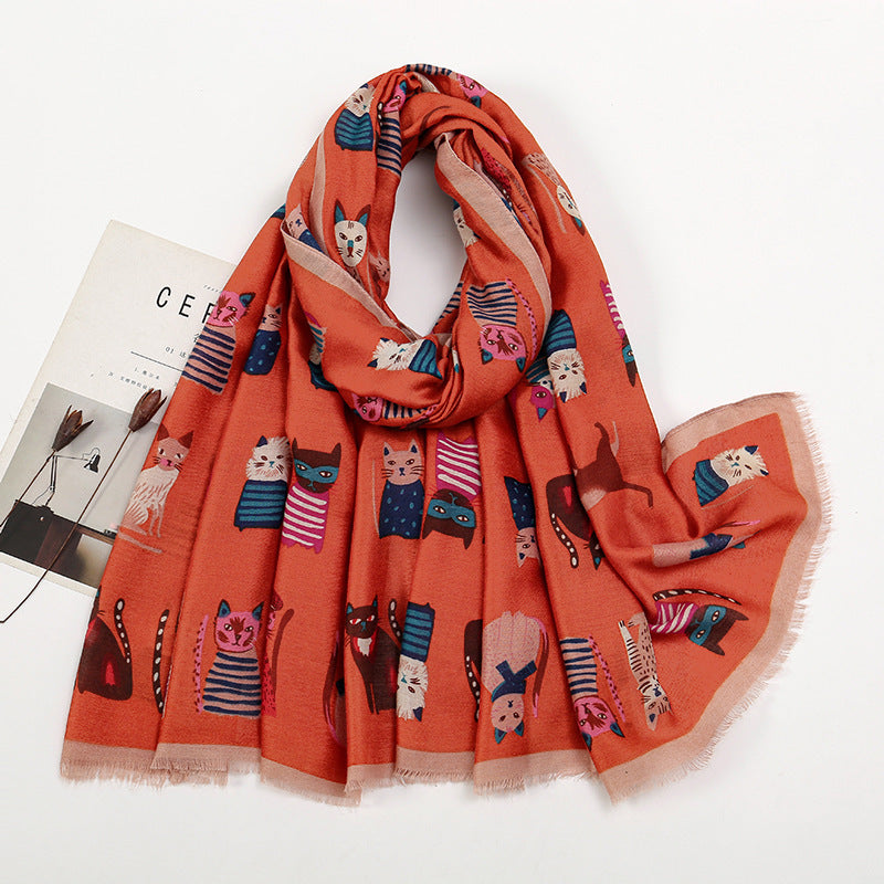 Cartoon Cat Print Long Scarf for Autumn and Winter – Stylish Versatile Warmth - ChicVix