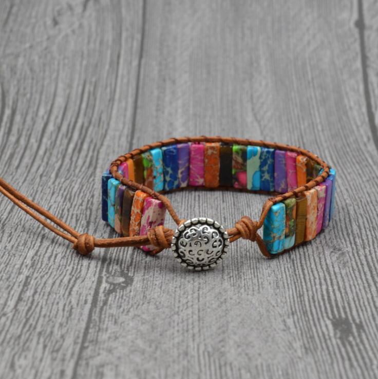 Handmade Chakra Leather Wrap Bracelet with Multi-Color Natural Stone Tube Beads - ChicVix