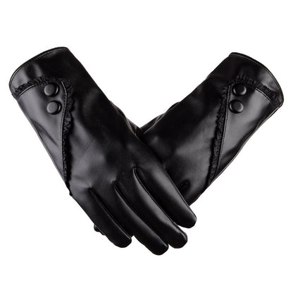 Women's PU Leather Gloves with Lace and Button Detail