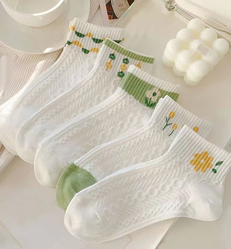 Women's Cute Preppy Style Mid-Calf Summer Socks - White Stockings with Fun Patterns - ChicVix