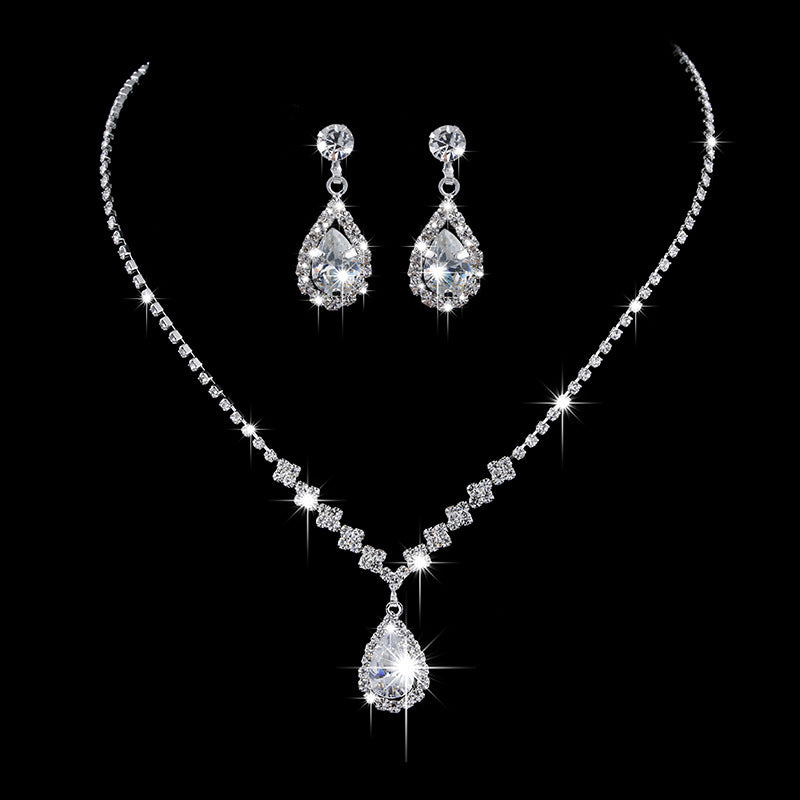 Full Rhinestone Zircon Water Drop Necklace and Earrings Jewelry Set