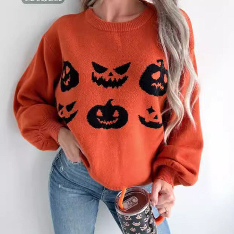 Women's Orange Pumpkin Face Pullover Sweater for Halloween