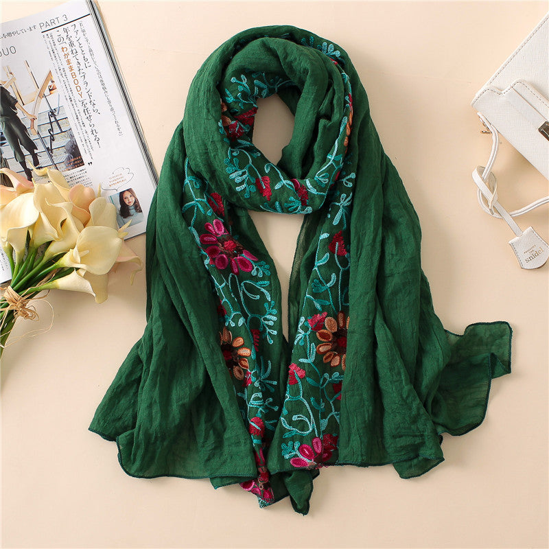 Embroidered Cotton Scarf with Floral Hook Design – Elegant Women's Accessory