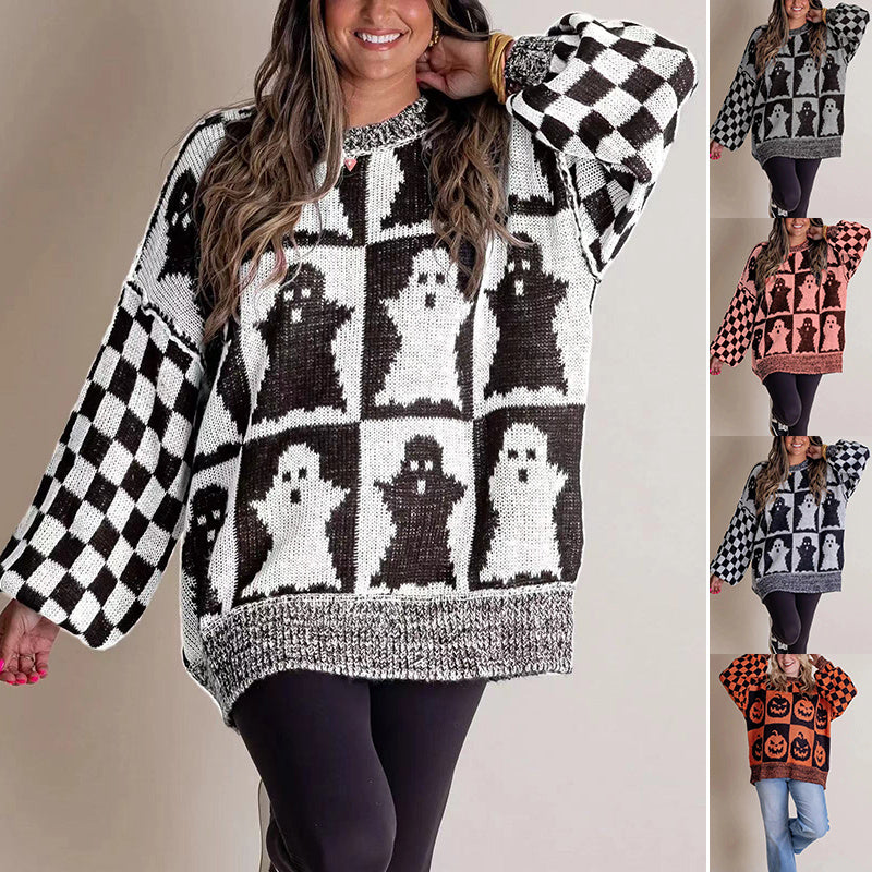 Halloween Cartoon Ghost Checkerboard Print Pullover Sweater