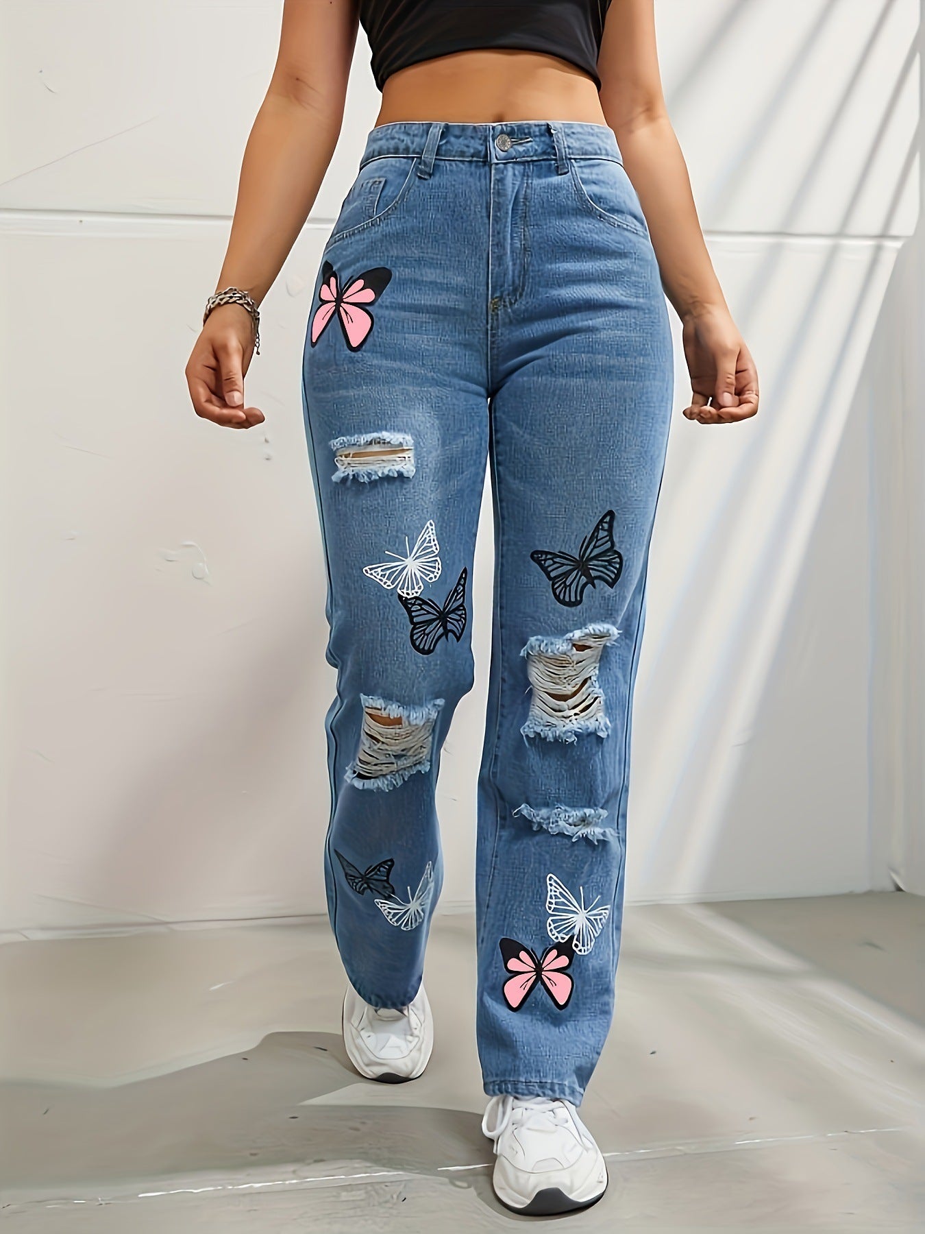 High Waisted Straight Leg Jeans for Women – Trendy Butterfly Print Ripped Distressed Denim Pants - ChicVix