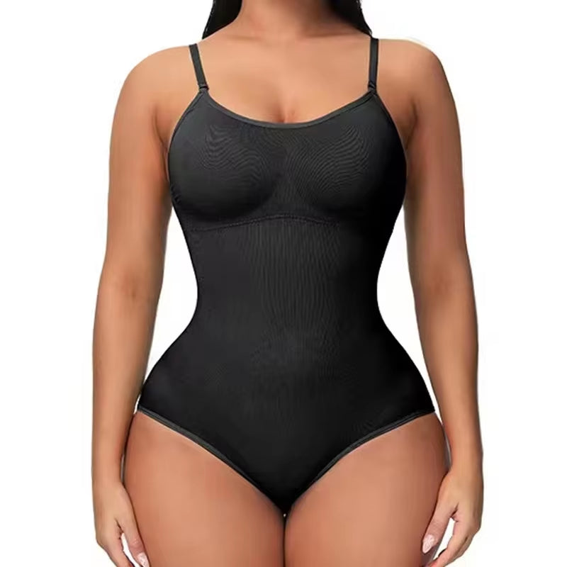 V-Neck Spaghetti Strap Compression Bodysuit with Open Crotch Shapewear for Slimming and Smoothing