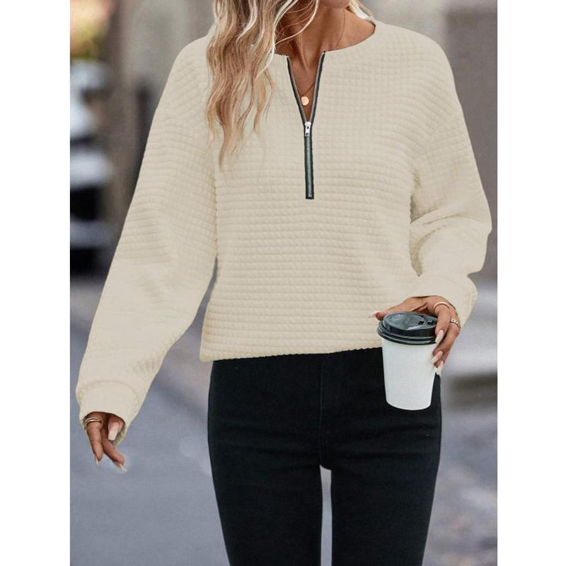 Solid Color Long Sleeve Women's Sweater with Zipper Detail - ChicVix