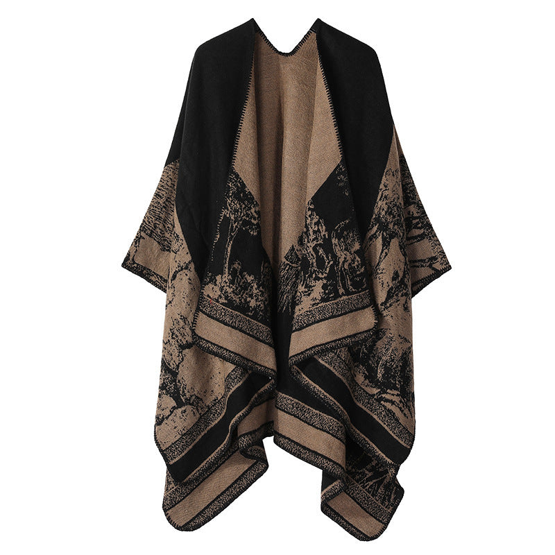 Women's Double-Sided Tassel Cloak Shawl – Classic Jacquard Graffiti Pattern, Hand-Painted Travel Cloak