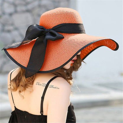 Women’s Casual Straw Sun Hat with Bow - Foldable Floppy Hat - ChicVix