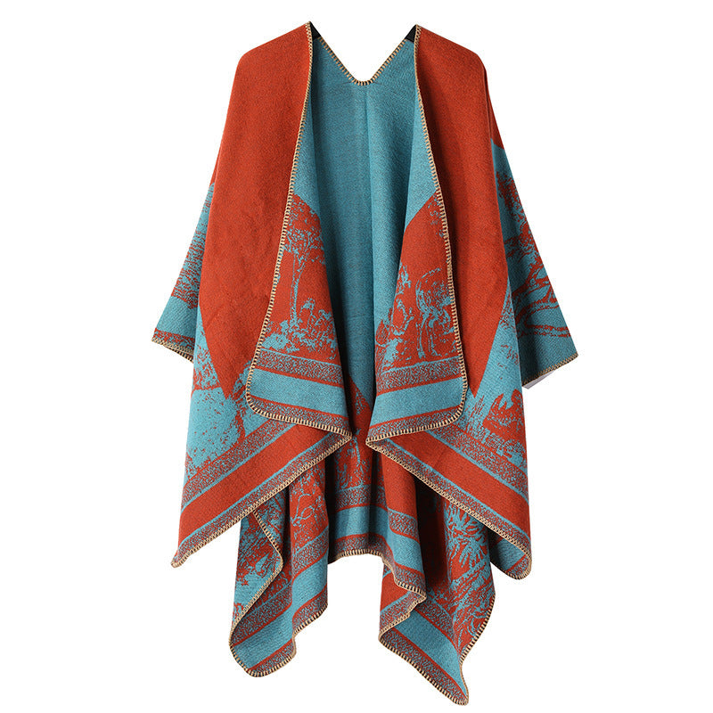 Women's Double-Sided Tassel Cloak Shawl – Classic Jacquard Graffiti Pattern, Hand-Painted Travel Cloak