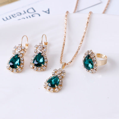 Women's Water Drop Rhinestone Necklace, Earrings, and Ring Set - ChicVix