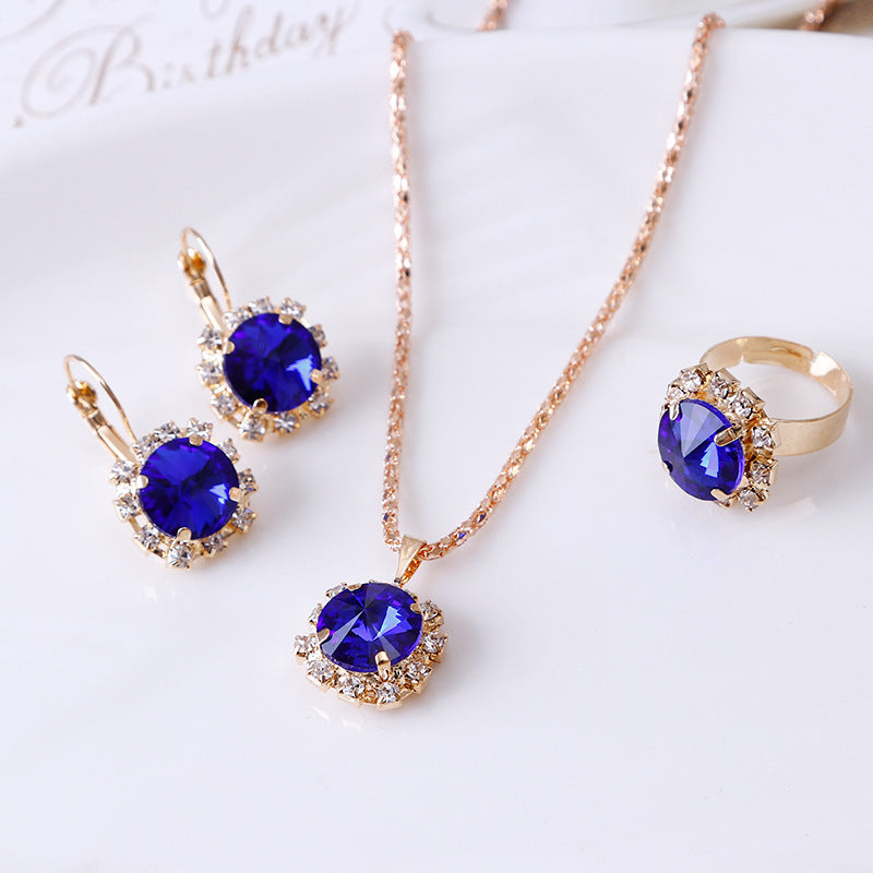 Fashion Round Crystal Necklace, Earrings, and Ring Set - Wholesale Jewelry