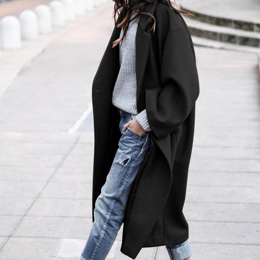 Casual Long Woolen Jacket with Pockets for Women