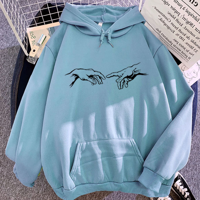 Artistic Handprint Loose Fit Hooded Fleece Sweatshirt