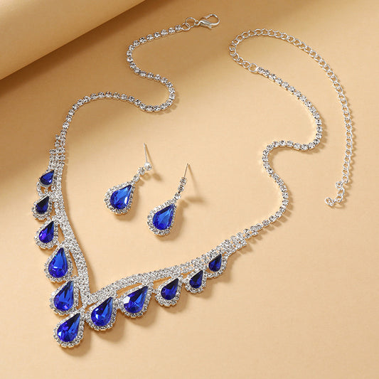 Sapphire Blue Crystal Clavicle Necklace and Earring Set - Elegant Two-Piece Jewelry - ChicVix