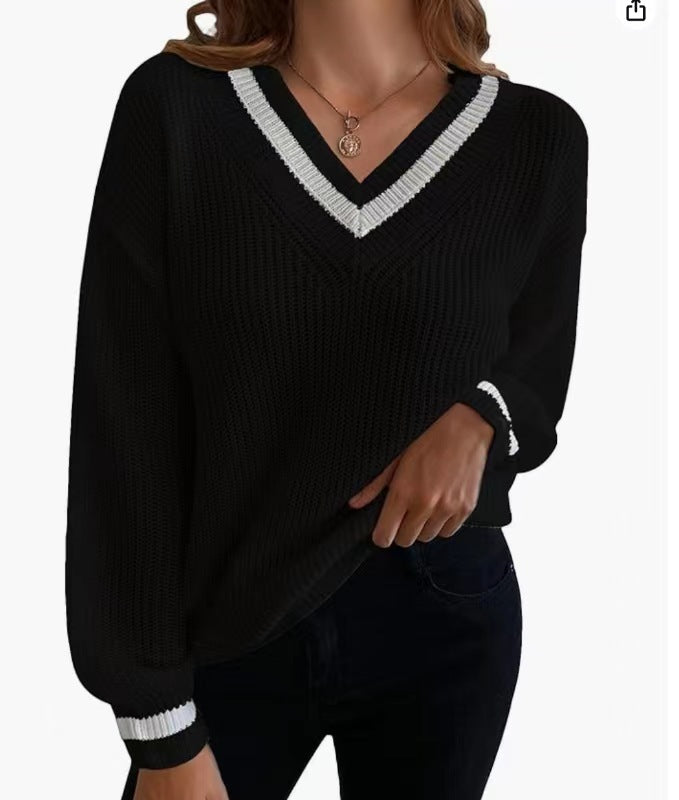 Casual Contrast Patchwork Loose Long Sleeve Pullover Women's Sweater - ChicVix