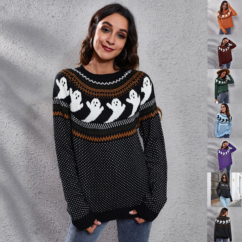 Halloween Cartoon Ghost Polka Dot Pullover Sweater