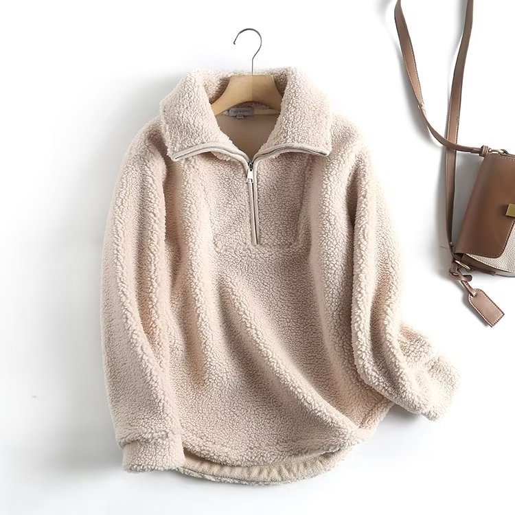 Women's Casual Zipper Collar Loose Pullover Sweatshirt Coat