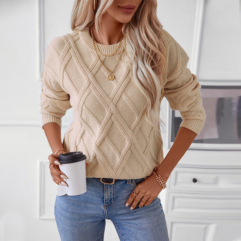 Women's Diamond Pattern Pullover - Loose Round Neck Sweater - ChicVix