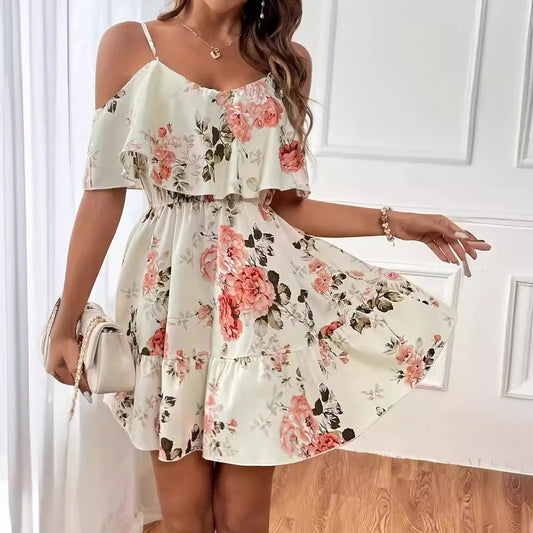 Women's Off-Shoulder Romantic French A-Line Dress with Elastic Waist