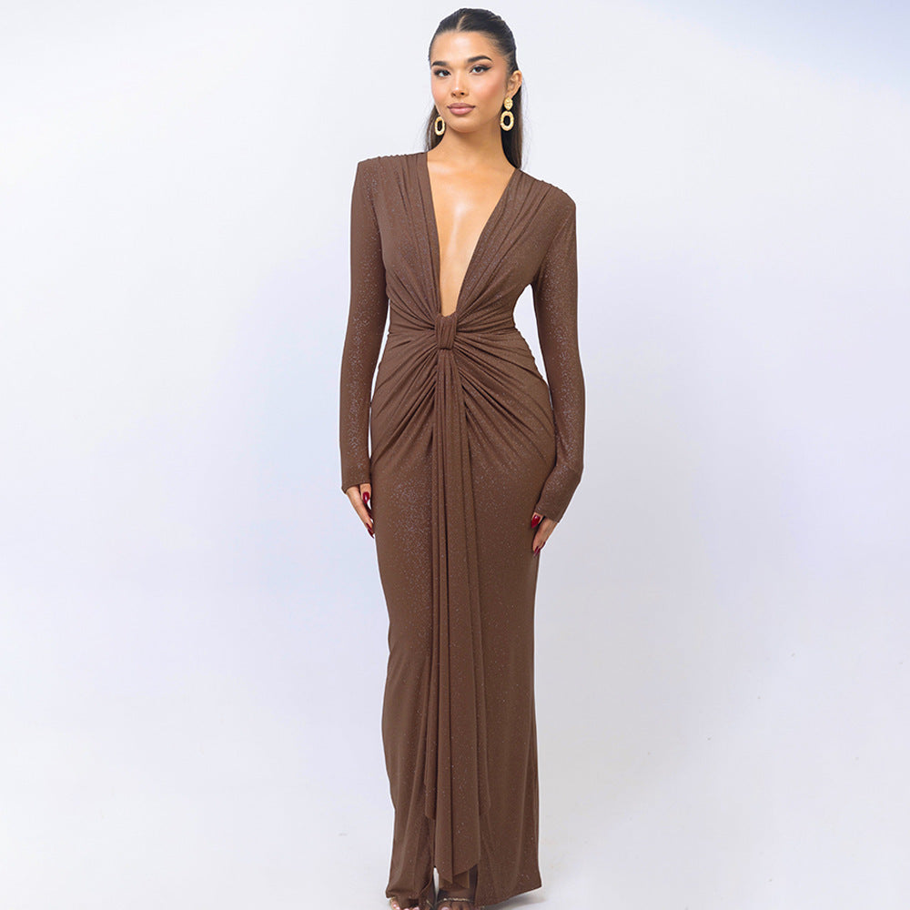 Elegant Deep V-neck Ribbon Slit Slim-fit Long Sleeve Dress