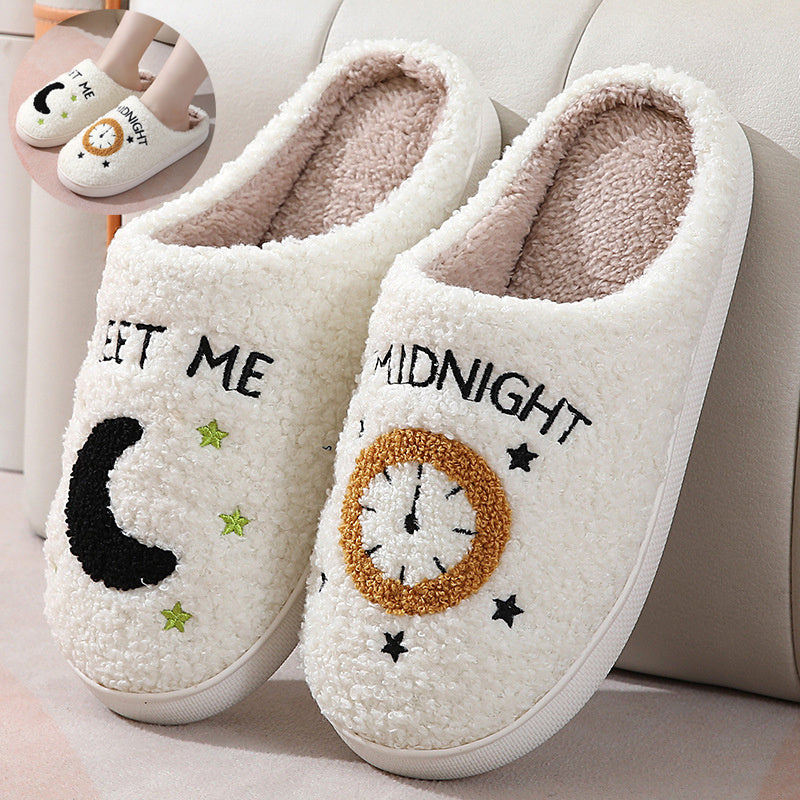 Moon and Clock Print Slippers: Winter Warm Home Shoes