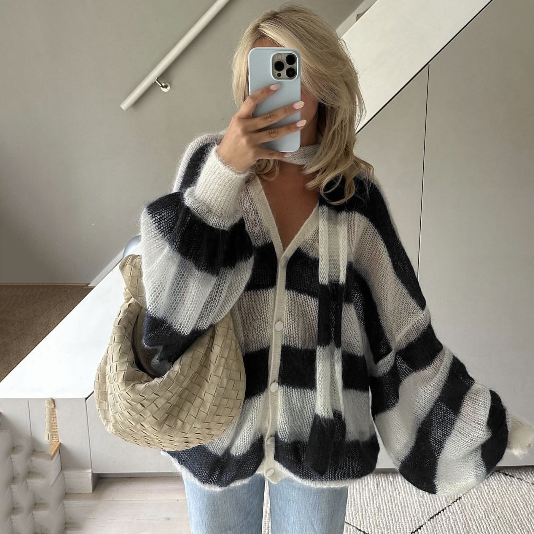 Chic Striped Sweater Cardigan with Scarf for Women - ChicVix