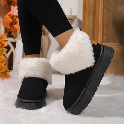 Winter Plush Snow Boots – Fashion Round Toe Flat Thickened Suede Cotton Shoes for Women - ChicVix