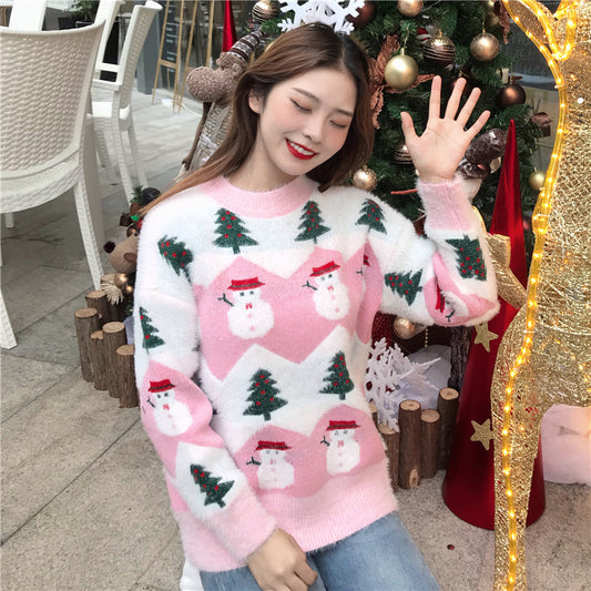 Christmas Tree & Snowman Knitted Pullover Sweater