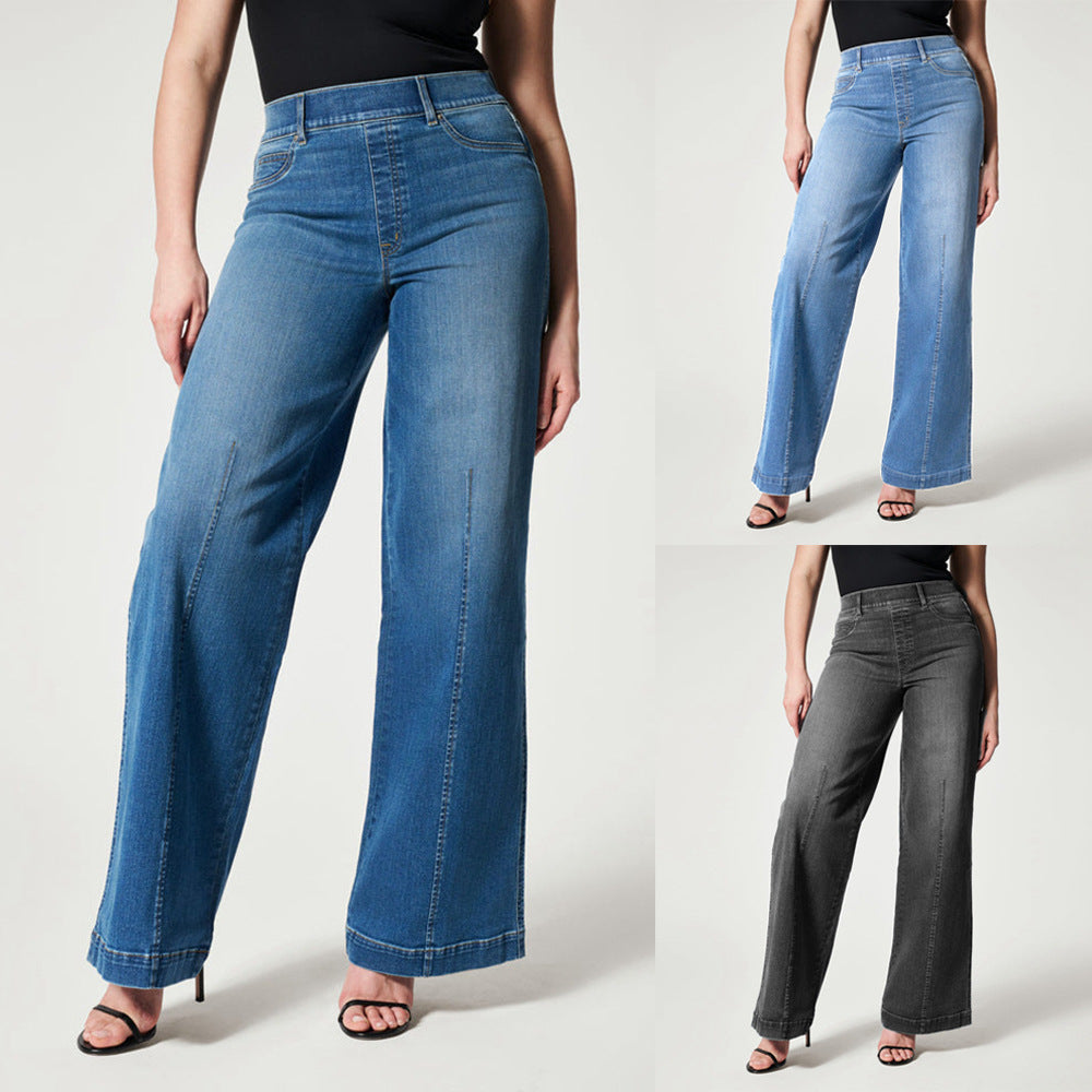 Women's Mid-Waist Wide Leg Jeans – High Elastic Waist Straight Trousers