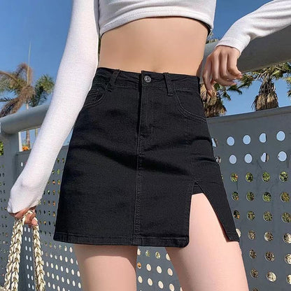 Women's High Waist A-Line Denim Slit Skirt - Urban Style Summer Slimming Skirt - ChicVix