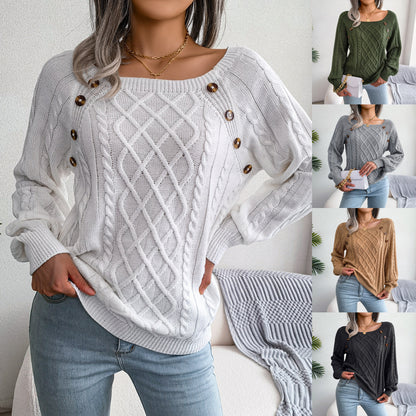 Square Neck Button Fried Dough Twist Knitting Sweater – Basic Loose Fit Long Sleeve Top