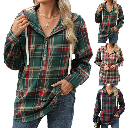 Plaid Print Hooded Sweatshirt with Button Detail - Loose Long Sleeve Women's Hoodie