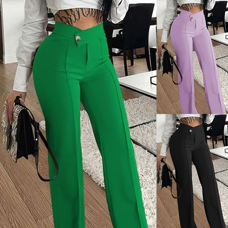 Slim Straight-leg Pants With Buckle - Fashion Solid Color Trousers for Women