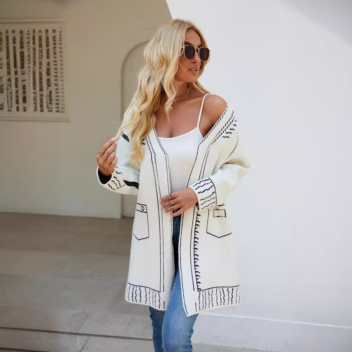 Fashionable Lazy Knit Jacquard Sweater Coat - ChicVix