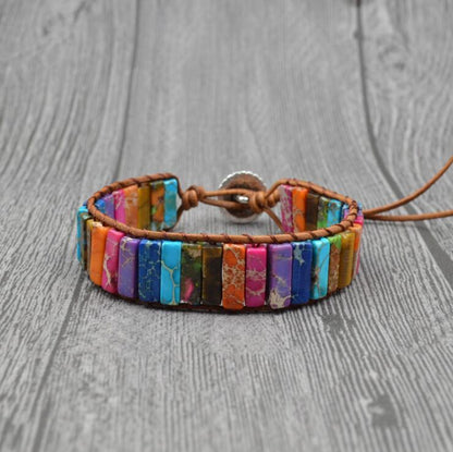 Handmade Chakra Leather Wrap Bracelet with Multi-Color Natural Stone Tube Beads - ChicVix