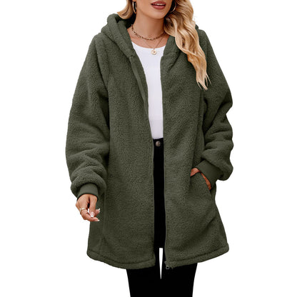 Women's Loose Plush Long Sleeve Hooded Zip Cardigan Coat