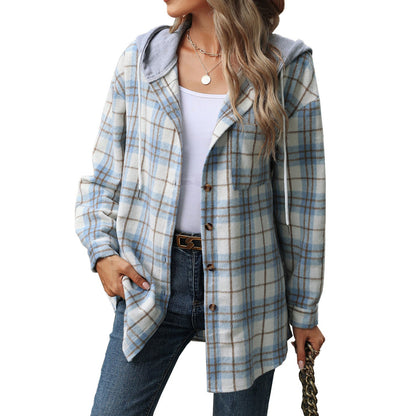 Hooded Multi-button Plaid Long Sleeve Woolen Coat for Women - ChicVix